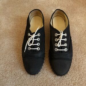 Chanel Lace Up Cotton Loafers Espadrilles 41 Black White